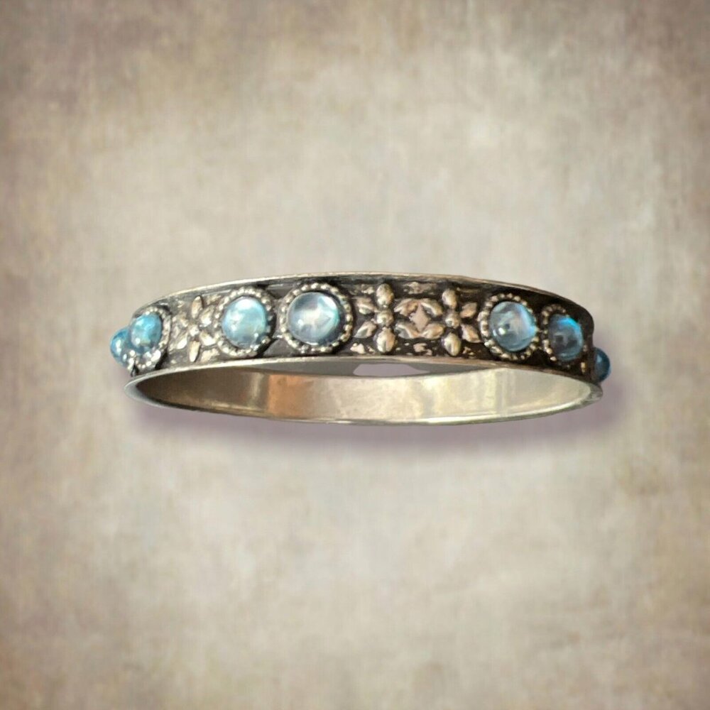 Ornate Silver Bangle Bracelet with Etched Silver Flowers and Lt Blue Stones